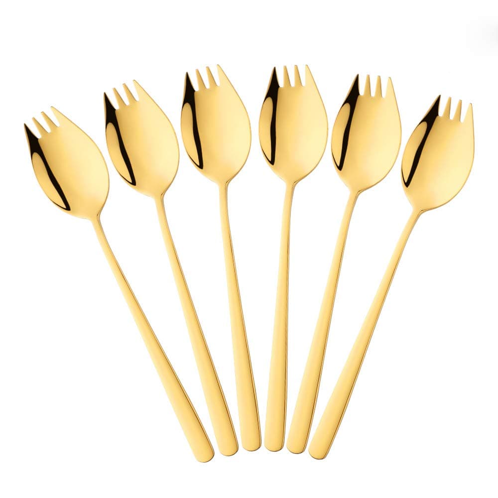 Gold Spork Stainless Steel Cutlery Sporks 6-Piece Travel Camping Spoon Fork Set 2 in 1 Long Handle 21.3cm Spoon Fork for Buffet Pasta Noodle Soup