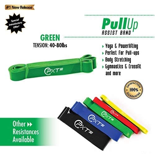 PXT360 Pull Up Assistance Bands: Green Pullup Resistance Strap, 40-80 Pounds Tension, 1.25’’, Pull Up Bar Bands Home Gym Equipment for Strength Training, Crossfit, Arms and Legs Exercises