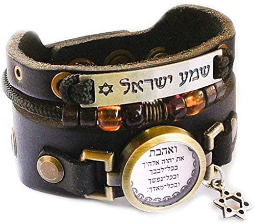 Lost Tribe Designs Deuteronomy 6:5 Bracelet - Adjustable Black Leather Cuff Bracelet with Jewish Hebrew Blessings