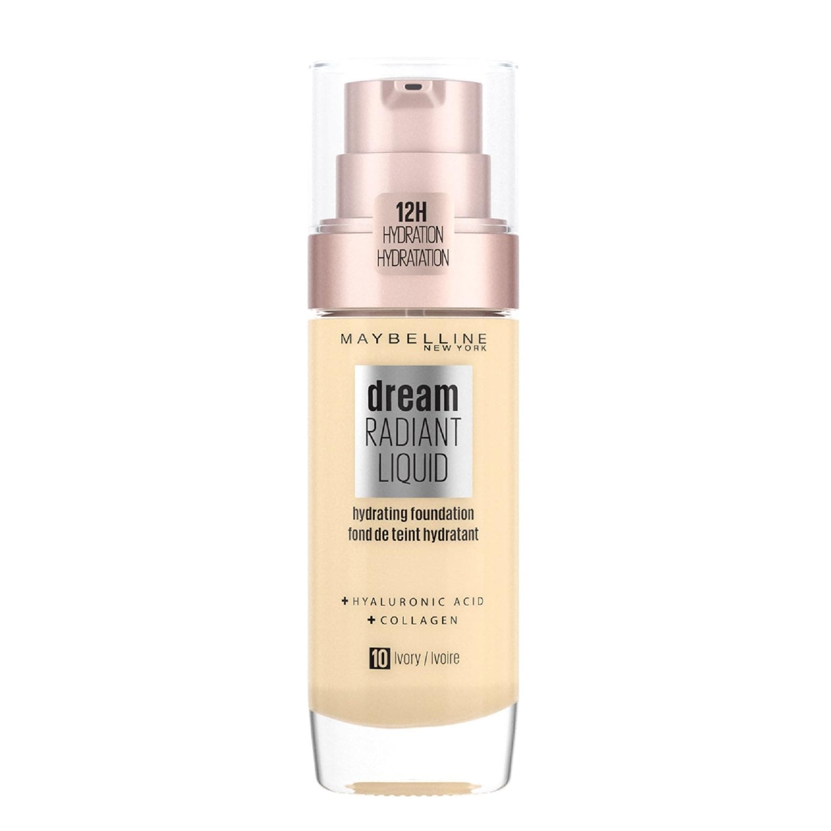 Maybelline Foundation, Dream Radiant Liquid Hydrating Foundation with Hyaluronic Acid and Collagen, Lightweight, Medium Coverage Up to 12 Hour Hydration, 10 Ivory
