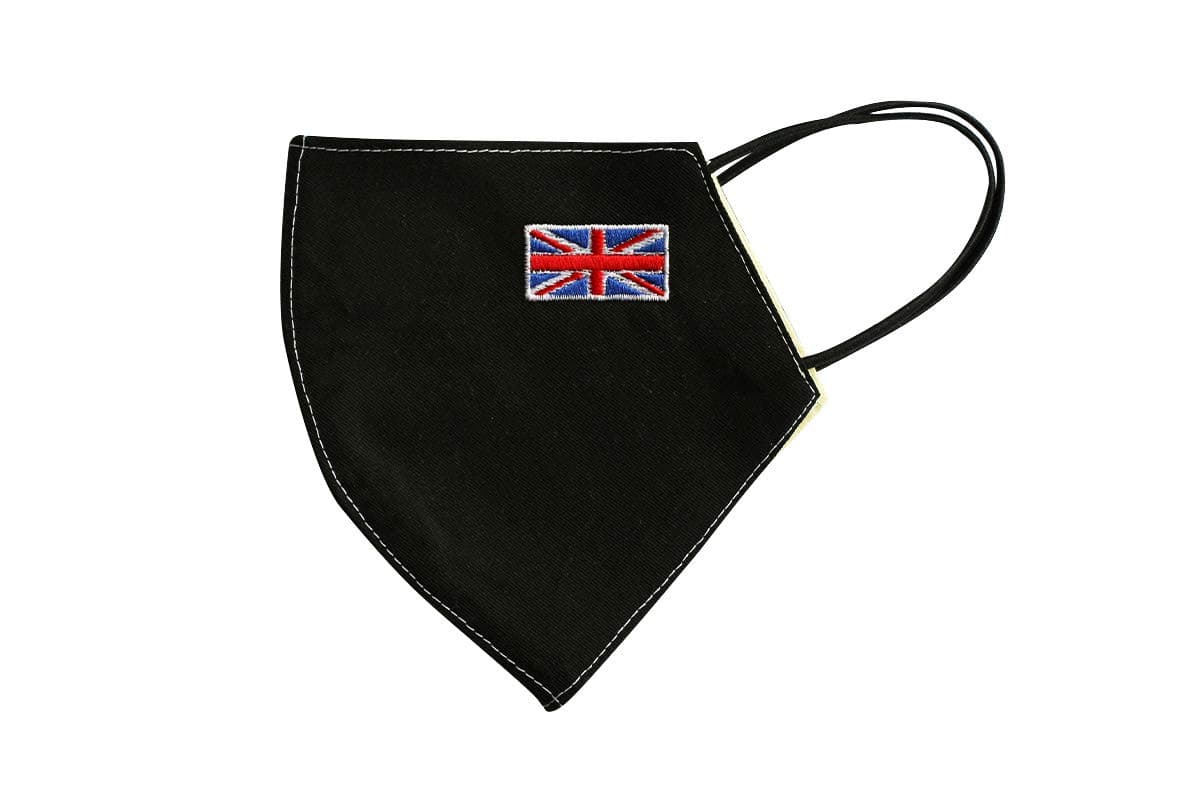 Fold-flat Face Mask with an Embroidered Country Flag of Choice - Reusable and Washable, Anti-dust, 100% cotton Face Cover (UK Union Jack - Black - Medium)
