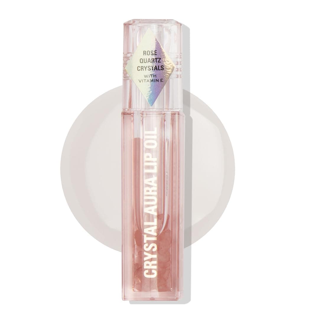 Makeup Revolution- Crystal Aura Lip Oil- Rose Quartz | Hydrating and conditioning formula |infused with hyaluronic acid and vitamin E oil | Clear high shine formula including pink crystals |2.5ml