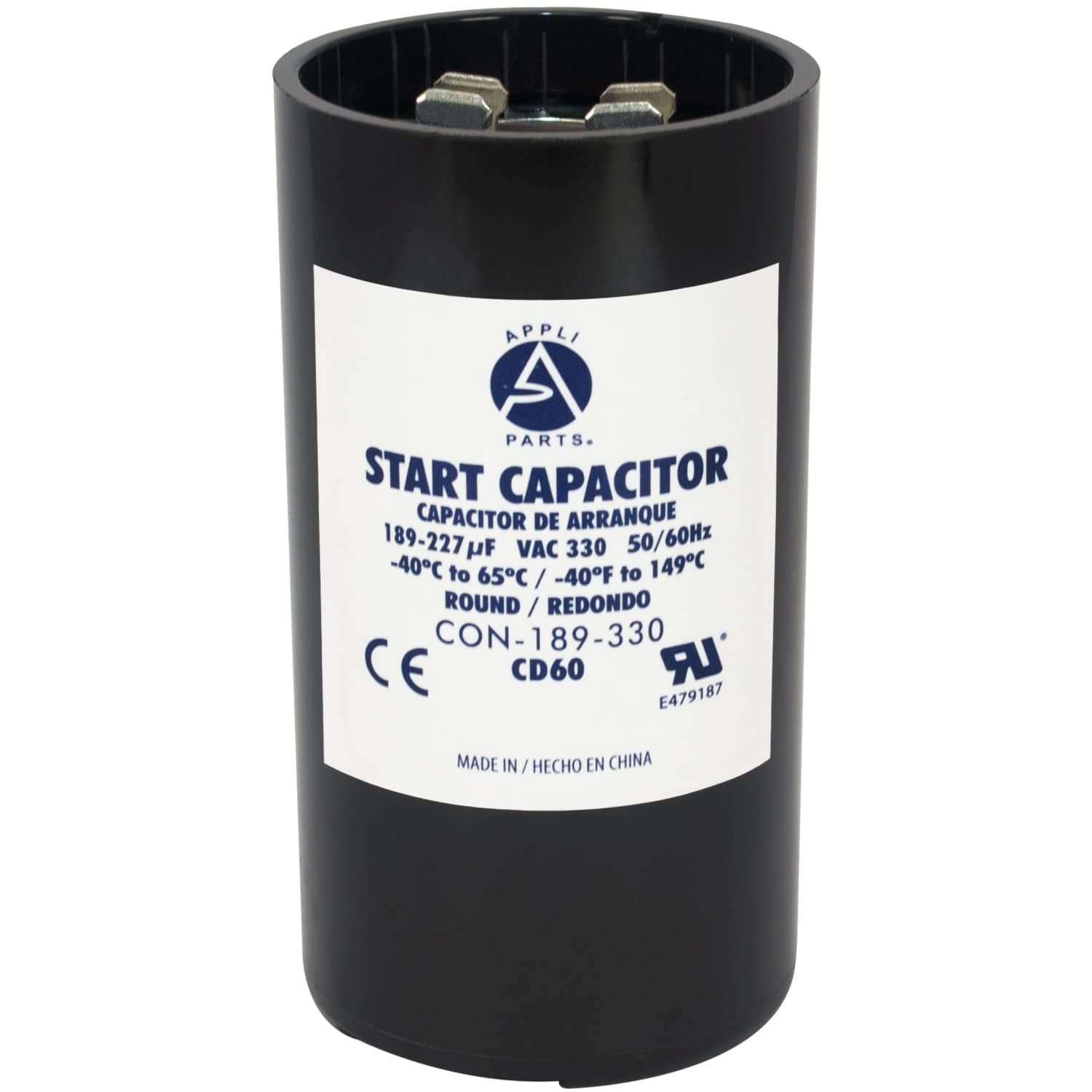 Appli Parts Condensador Capacitor Arranque 189-227 Mfd (microfaradios) uF 330 VAC remplazo universal para motores electricos de distintas aplicaciones 4.6cm Diametro 8.6cm Alto CON-189-330