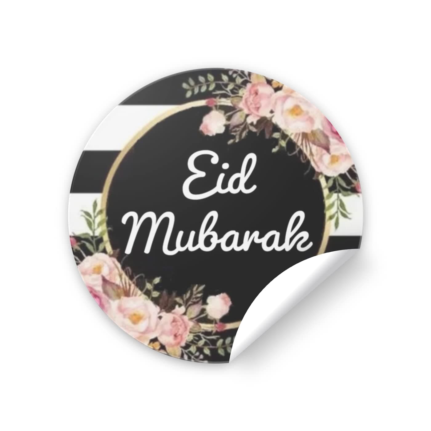 Black Vintage Floral Stripes | Eid Mubarak Sticker | 2 X 2 inch | Circle | Self Adhesive | Set of 24 Use for Goodie Bags, Party Favors, Greeting Cards, Gift Bags,Gift Boxes, and Cookie Boxes