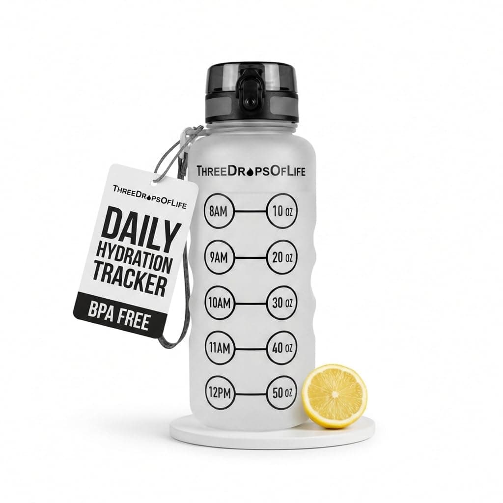Three Drops of Life 50oz Hydration Tracker Sport Water Bottle – Frosted Clear Tritan With Time Marker, Leak-Resistant, Easy Flow Spout, Comfortable Strap For Daily Hydration