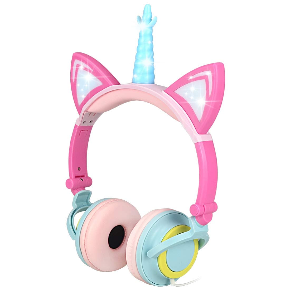Cat Ear Kids Headphones for Boys Girls Tablet School Supplies,Foldable Over On Ear Girl Headphones, Led Glowing Headphones for Kids Toddlers Travel Birthday Gifts (Pink)