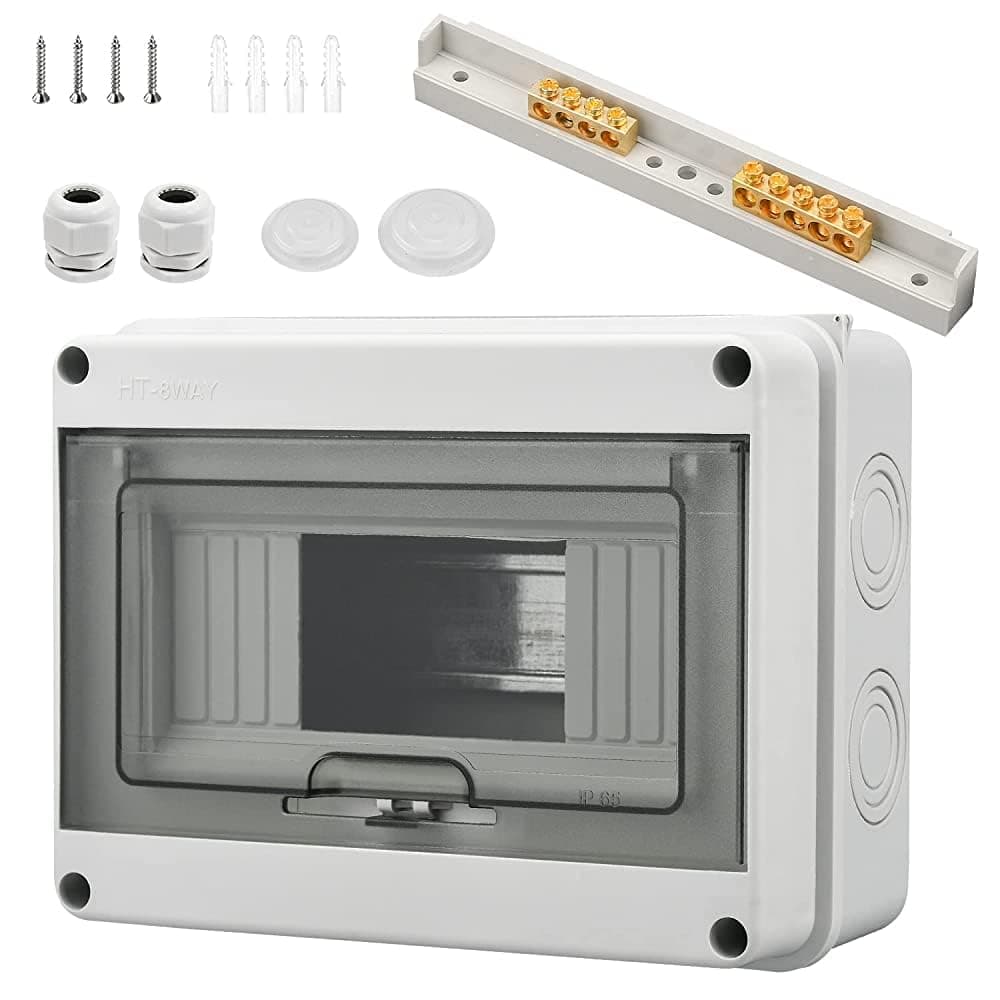 Surface-mounted fuse box, small distributor, IP65-1 row, 8 modules, with 4 terminals, 2 connectors, suitable for outdoor gardens, farms, shop columns, wet rooms