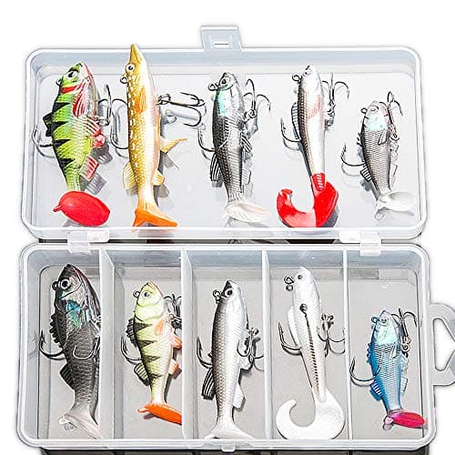 DONQL 10Pcs Soft Fishing Lures with Box Lifelike T-Tail Bass Lures Up to 30M Casting Distance Trout Fishing Lures for Freshwater and Saltwater Fishing Bait with Sharp Treble Hooks