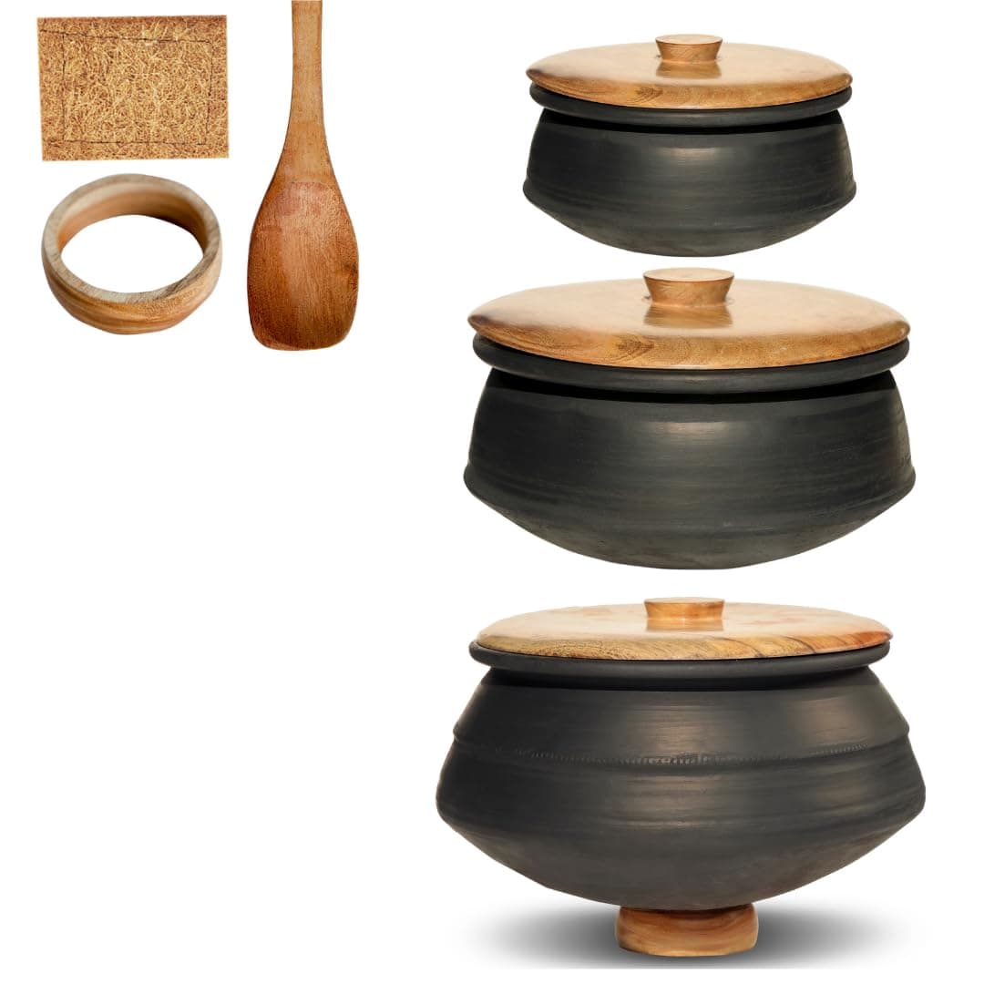 Satvaá Set of 3 Clay Pots for Cooking on Gas with Mangowood Lid (Black Color, Unglazed, 1.5 L/ 2.5 L / 3.5 L) (Free Wooden Spatula, Stand, Natural Scrub) (mitti ke bartan/Mud Pot/Biryani Pot)