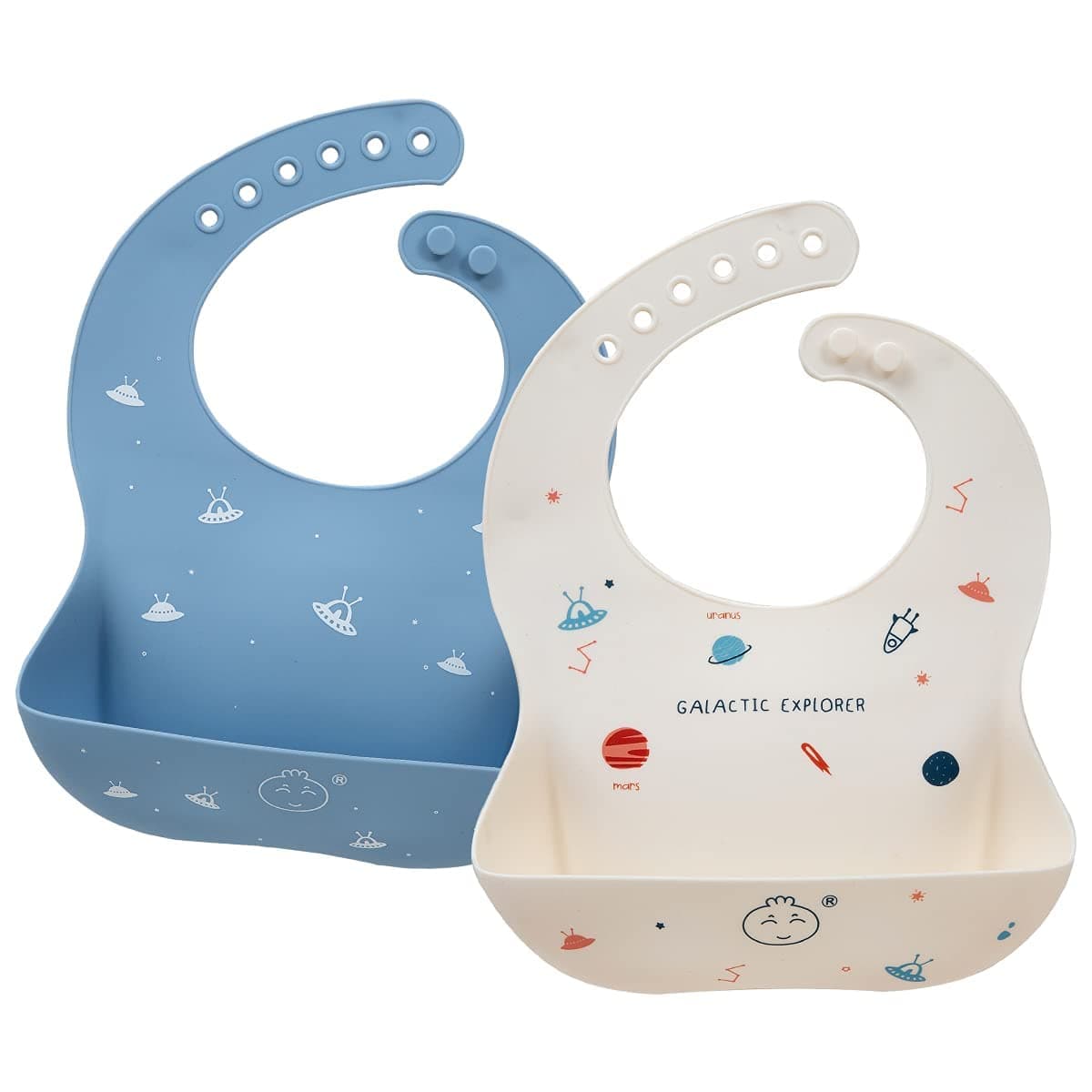 Baby Bibs 2Pcs Silicone Baby Feeding Bibs Easily Adjustable and Wipe Clean Soft Waterproof Weaning Bibs Perfect Food Crumb Catcher for Babies &Toddlers(Glatic&Spaceship)