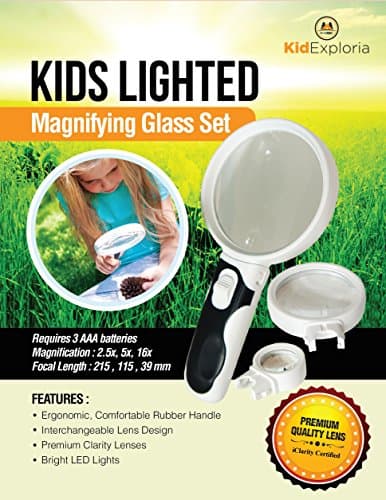 Kids Magnifying Glasses Set- Bright Lighted LED for Kid Clarity, Large Lens 2.5X + Smaller 5X & 16.5X Magnifiers Interchangeable
