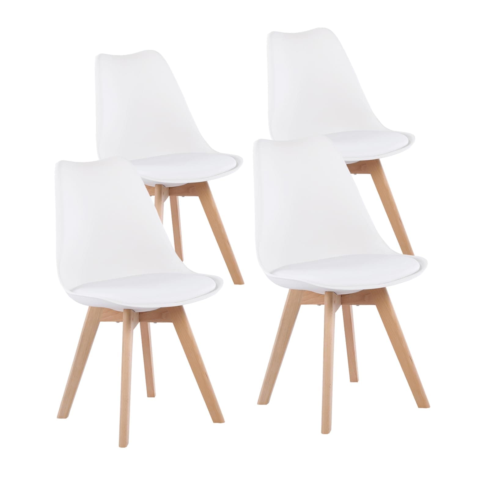 EGGREE Set of 4 Tulip Dining/Office Chair with Solid Wood Beech Legs, (TM) Armless Padded Design Chairs White