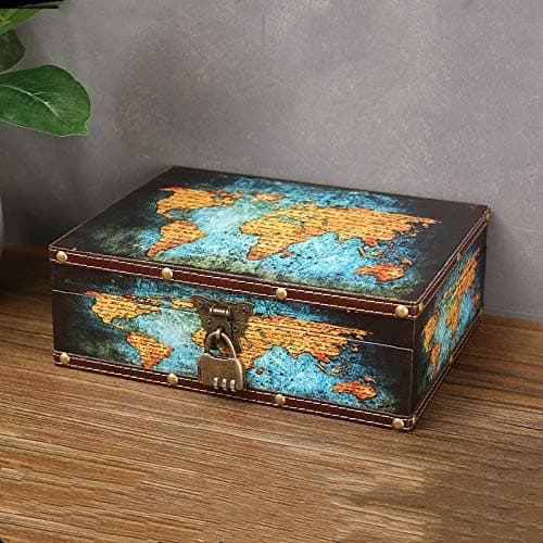 WANLIAN Wood and Leather Treasure Chest with Lid and Lock-Decorative Jewelry Keepsake Storage Box for Kids, Teenagers,for Birthday Wedding,Christmas Day (Map, Extra Large)