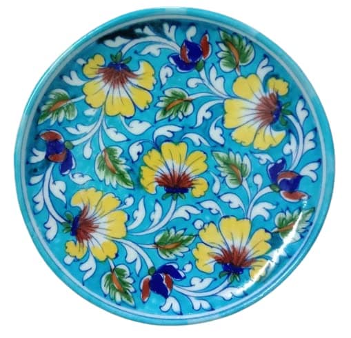 Craft Park Blue Pottery Ceramic Lily Multicolor Design Wall Hanging Decorative Handmade 8 Inch Round Plate (Turquoise)