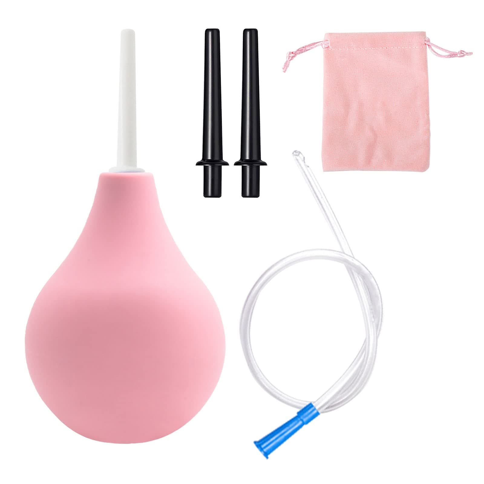 MIVAIUN 225 ML Bulb Douche Set for Men & Women, 2 Reusable Slim Nozzles, 1 Long Tube Hose Nozzle & 1 Storage Bag, Silicone Douche Bulb Cleaning Kit (Pink)