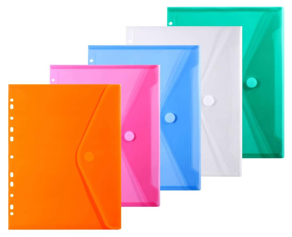 YoeeJobLaOficina 11 Holes Semi Poly Envelope Pocket Insert Pages for Binders, with Hook and Loop Closure Assorted Colors, Letter Size 5 Packs