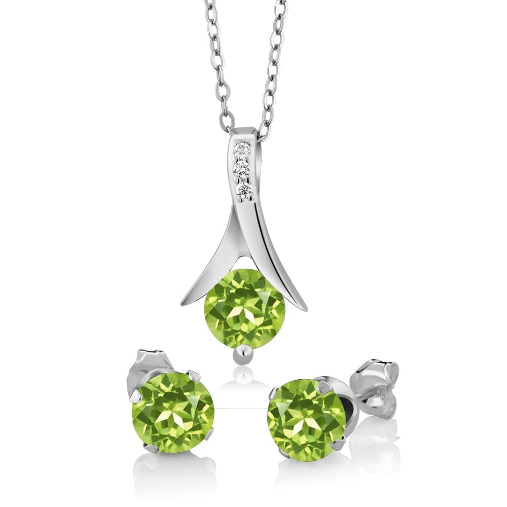 3.00 Cttw Green Peridot and White Moissanite Pendant and Earrings Jewelry Set For Women | 925 Sterling Silver | 6MM Round Gemstone Birthstone | With 18 Inch Chain