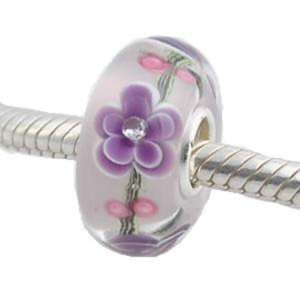 Birsppy Purple Flower Crystal Murano Glass Charm 925 Sterling Silver Bead Fit European Brand Charms Wonderful Christmas Gift