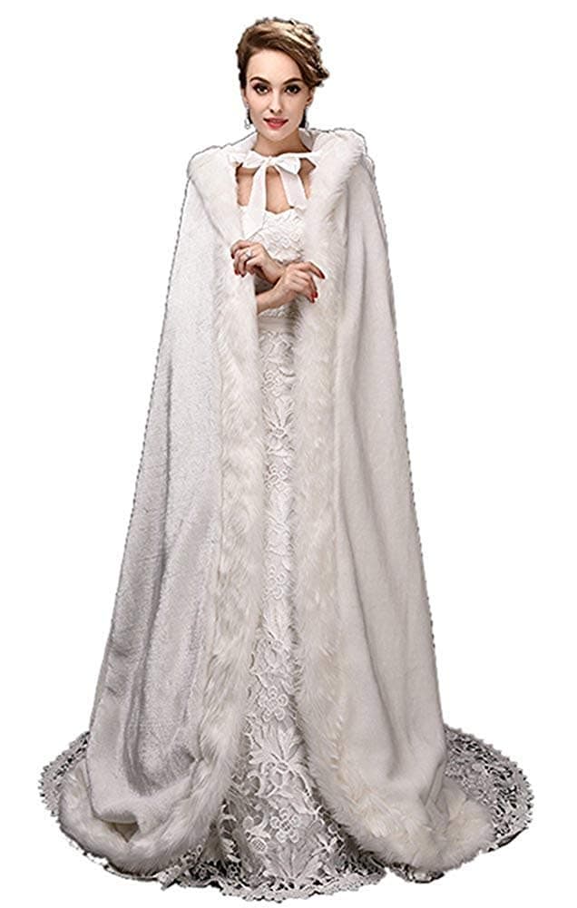 White Women's Wedding Cloak Coat with Hoods Winter Long Jacket Bridal Wraps Warm Faux Fur Cape
