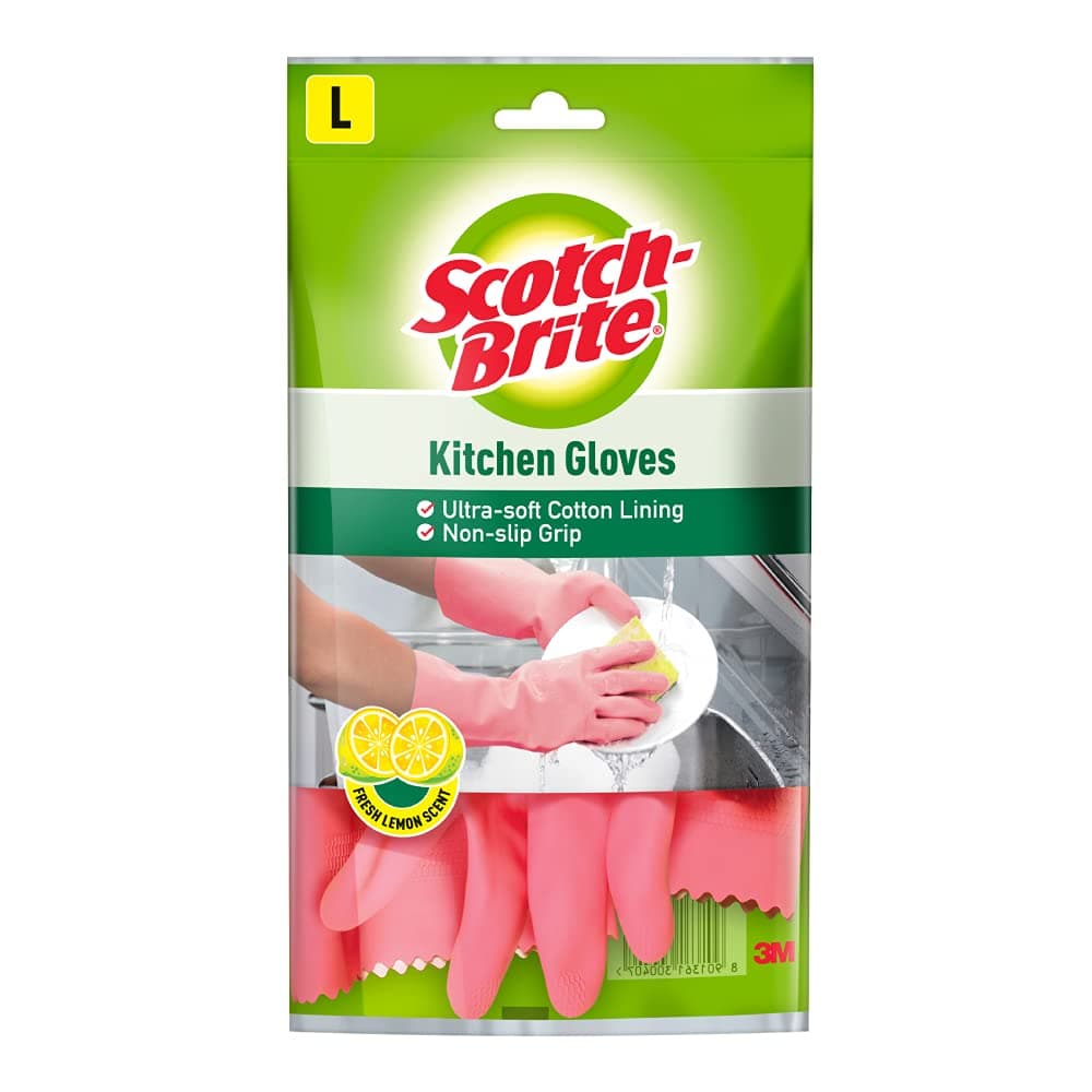 Scotch-Brite Lemon Scented Kitchen Gloves, extra long cuffs for mess-free hands , better grip, inner lining for Sweat absorption (Large, 1 pair)
