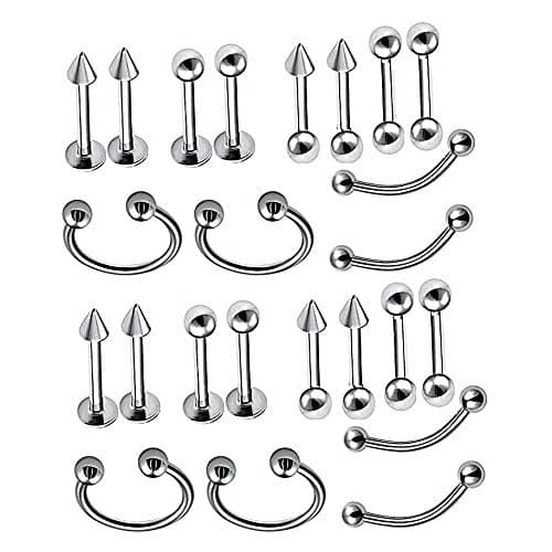 MEENAZ Body Piercing Surgical Jewelry Set Silver Navel Barbell Eyebrow Tragus Earring Lip Ring Nose Ring Pins Needle Stud,Tongue foreceps,hanging Kit Men Boys Girls Women 12 Pcs MENS EARRING COMBO-M39