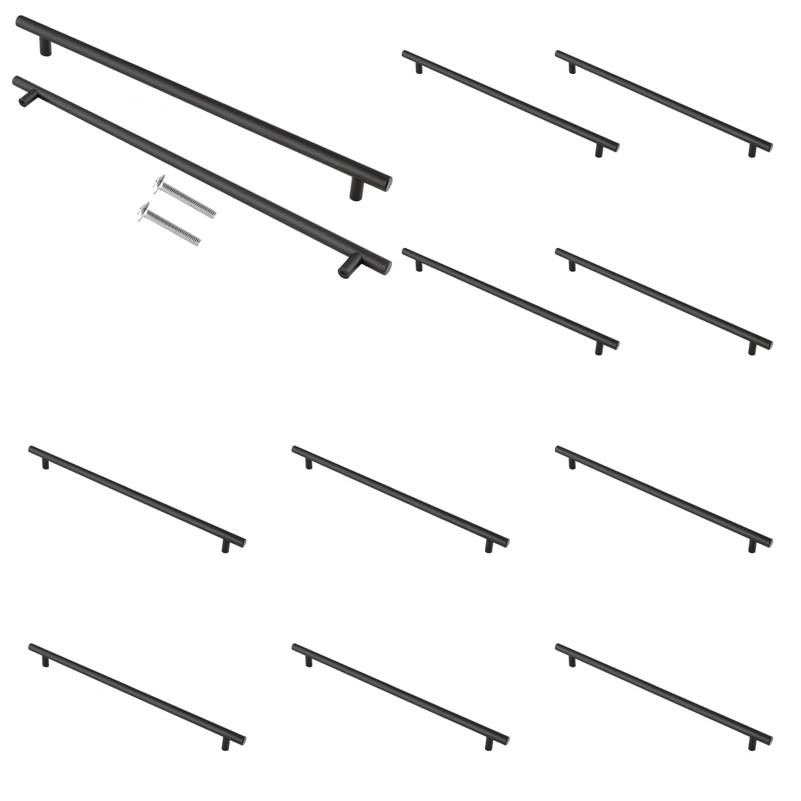 Matt Black Cupboard Handles - 192mm Hole Center T Bar Knobs, 12 Pack Stainless Steel Drawer Pulls - Long Wardrobe & Kitchen Cabinet Handles, 300mm Length for Bedroom & Drawer