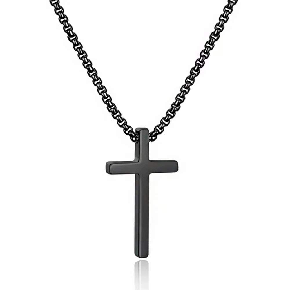 - M MOOHAM Easter Basket Stuffers - Cross Necklace for Men Teen Boys, Silver Black Gold Stainless Steel Plain Cross Pendant Necklace Box Chain 16-30 Inch