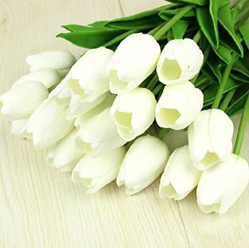 TILAN Cheap Wedding Flowers,Real Touch Tulips,Real Like Artificial Flowers Silk Artificial Romantic Latex Tulip Bouquet for Wedding Home Decoration (20, White)