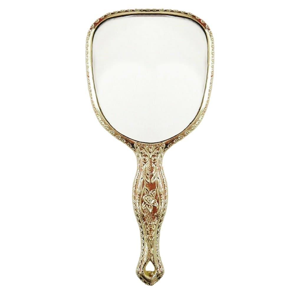 Antique Hand Held Vanity Mirror Floral Design Make Up Mirrors Portable (Gold)