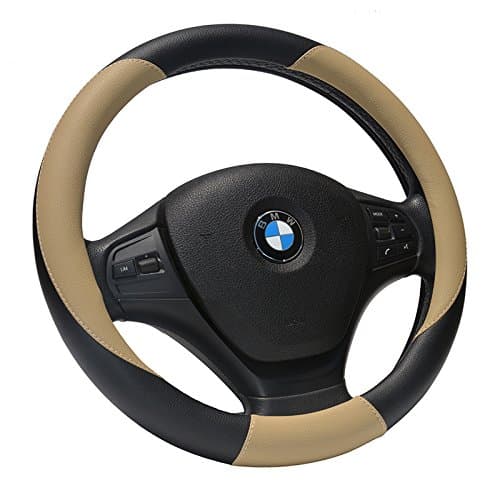 Black and Beige Colors Sport Style Micro Fiber Leather Steering Wheel Cover 15"