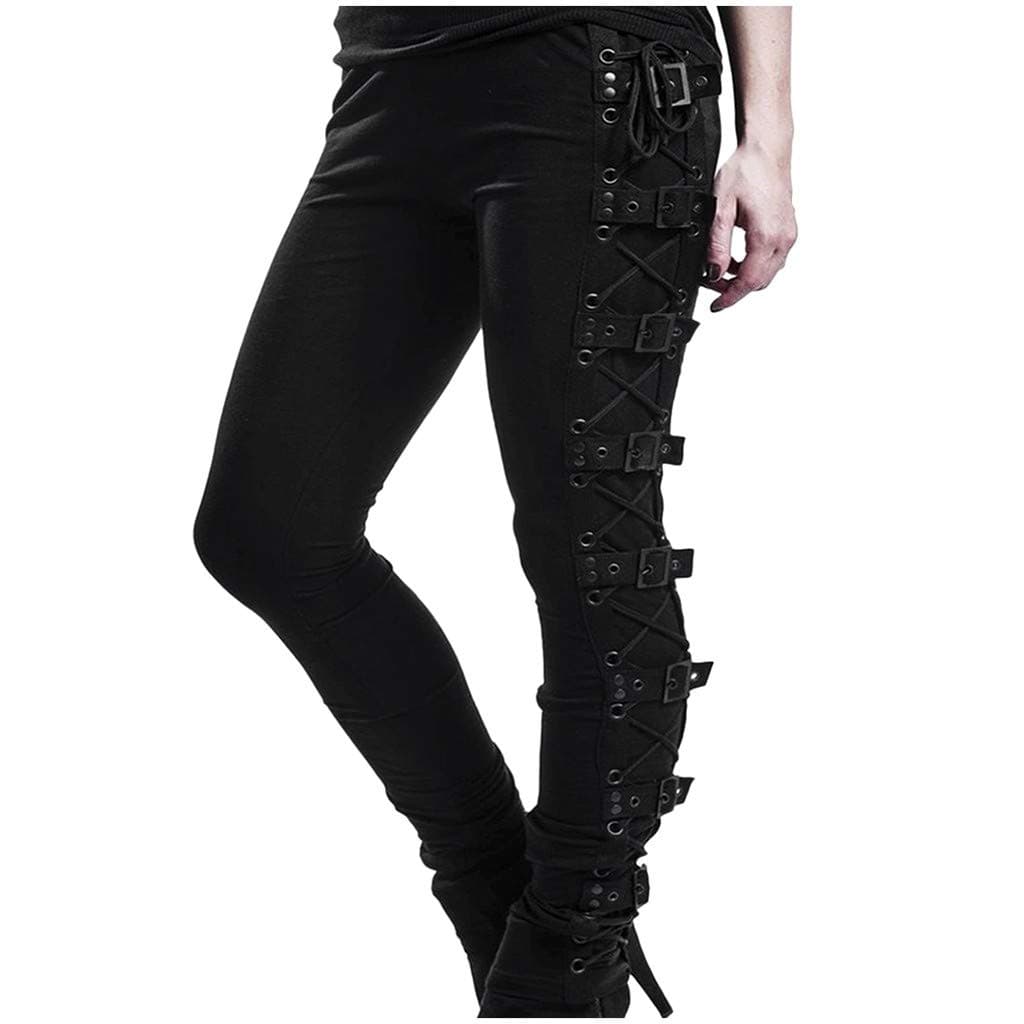 HIKO23Plus Size Womens Pants Gothic Criss Cross Lace Up Buckle Strap Skinny Leggings Steampunk Ladies Trouser Black