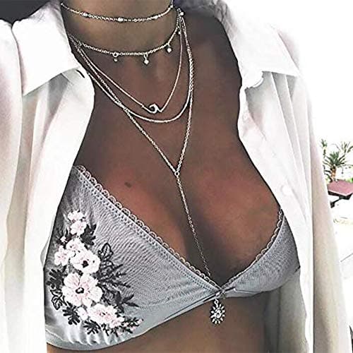 Anglacesmade Bohemia Layered Y Necklace Sun Necklace Long Pendant Necklace Silver Beaded Choker Crystal Tassel Choker Multilayer Station Chain for Women and Girls