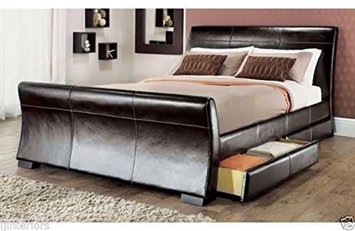 IJ Interiors - 4 DRAWERS LEATHER STORAGE SLEIGH BED DOUBLE OR KING SIZE BEDS + MEMORY MATTRESS Memory Foam Mattress BROWN 5FT Kingsize