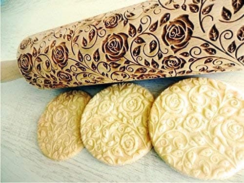 Rolling pin Damascus Roses Wooden embossing rolling pin with Rose Dough roller for embossed cookies Gift for Mom friend Cookies decoration