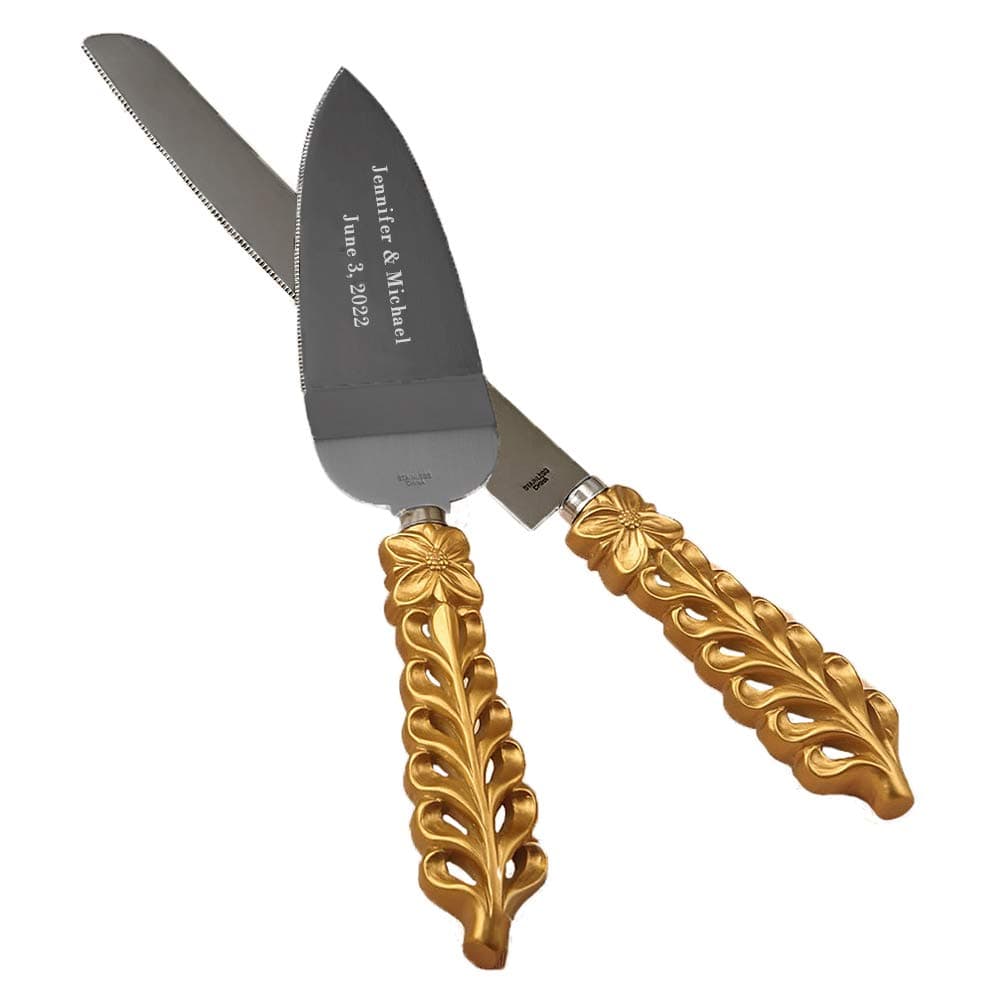 FASHIONCRAFT Personalized, ENGRAVED Gold Lattice Wedding Cake Serving Set - Knife & Server, Silver Engraving