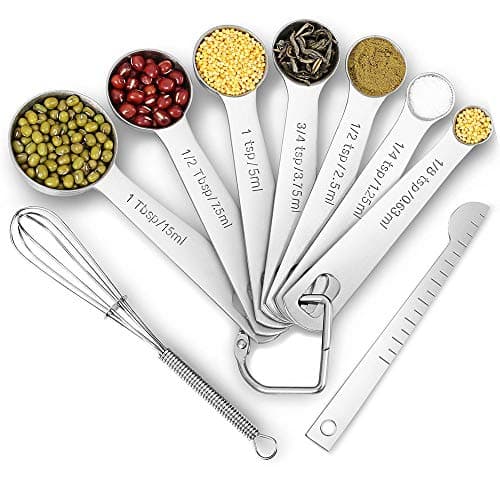 9 PCS/Set Stackable Measuring Spoons, Stainless Steel Measuring Spoons for Dry and Liquid Ingredients, Etched Marked Baking Cooking Spoon with Leveler and Detachable Ring Holder (9 -Spoons Set)