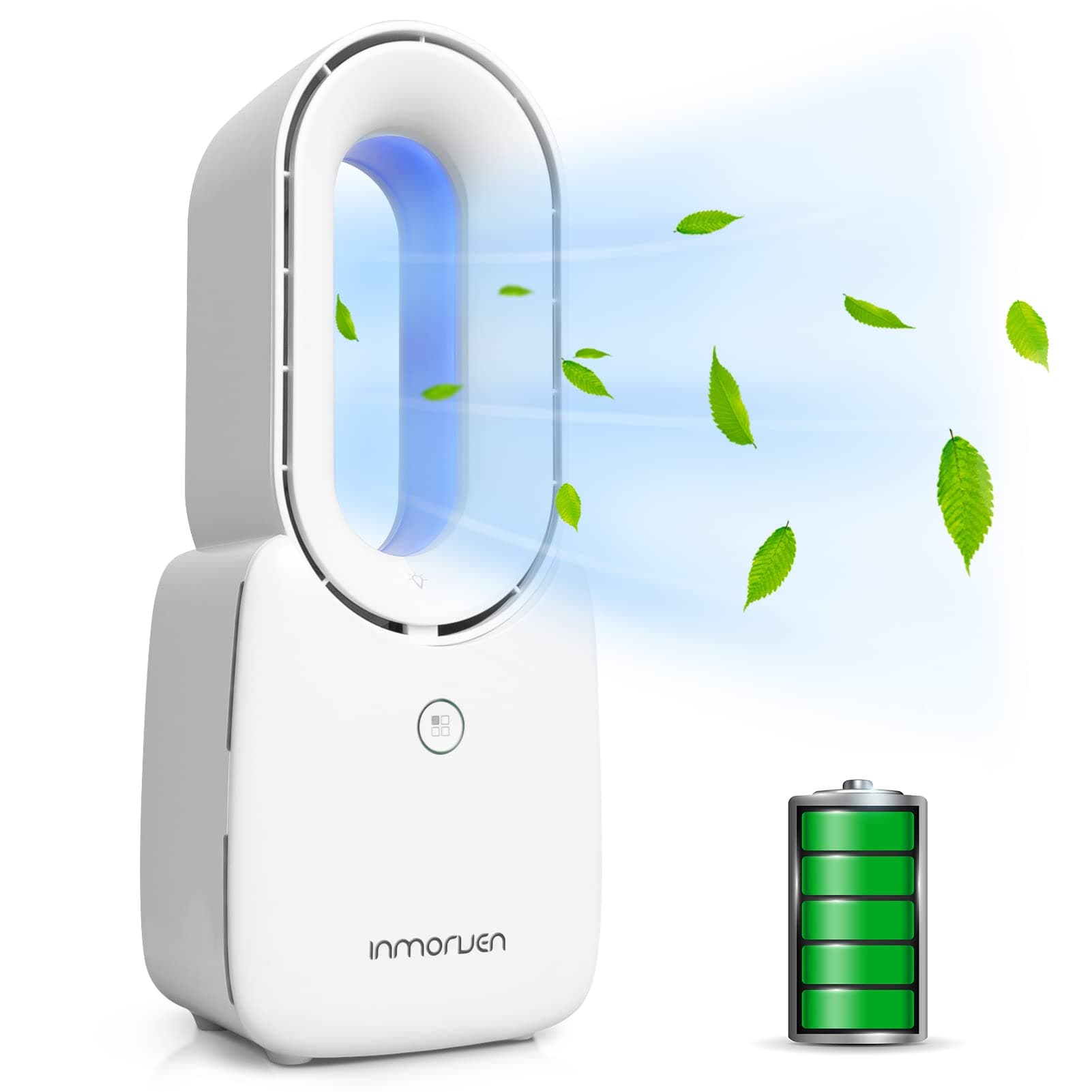 CONBOLA Desk Fan, 4400mAh 11.8 Inch Bladeless Fan Small Table Fan Air Cooler, Portable Rechargeable Breeze Quiet Fan with Touch Control 5-Colors Decorative LED Light for Office Bedroom(White)