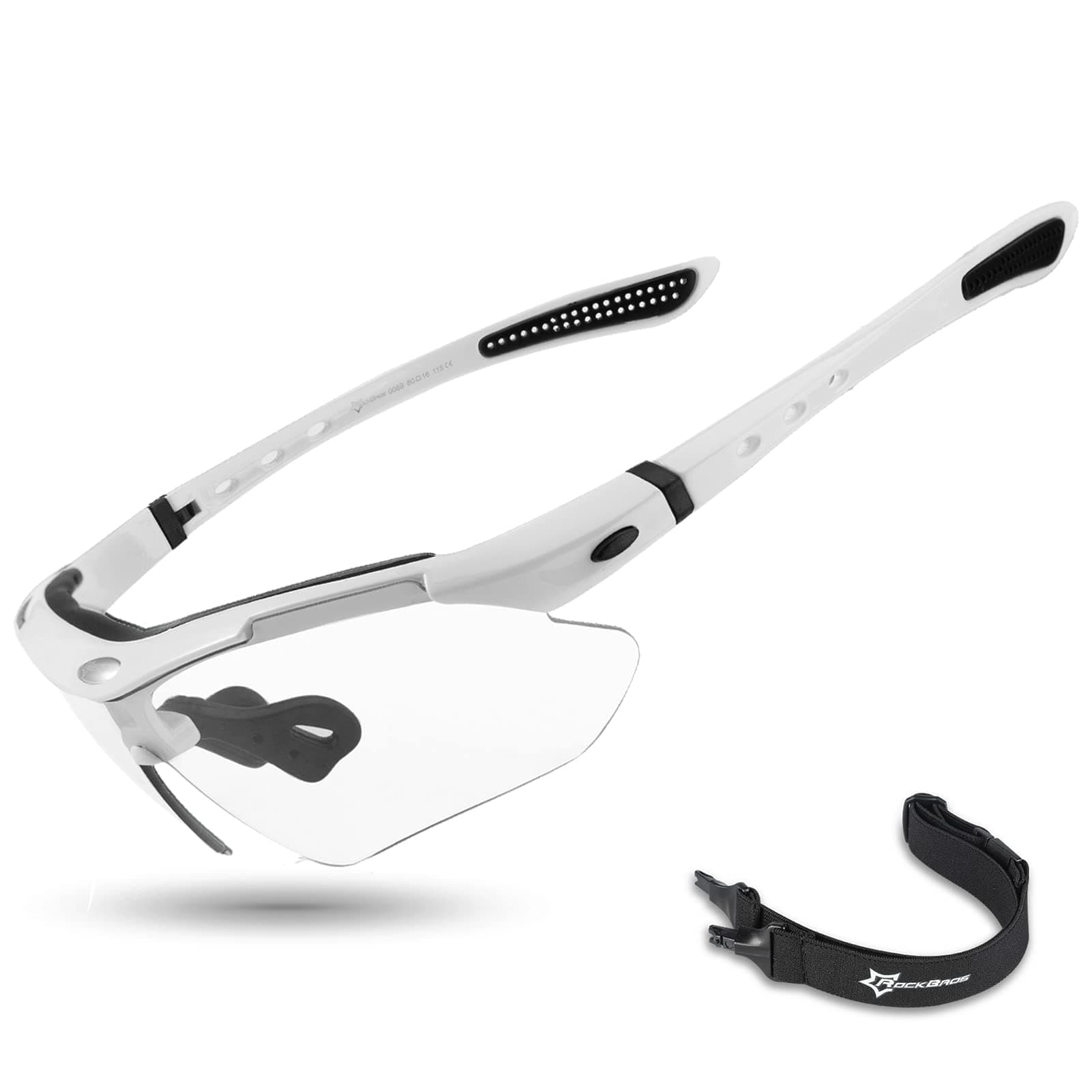 ROCKBROS Photochromic Sports Sunglasses Mens Pickleball Glasses Cycling Glasses MTB Sunglasses, with Removable Elasctic Band,White