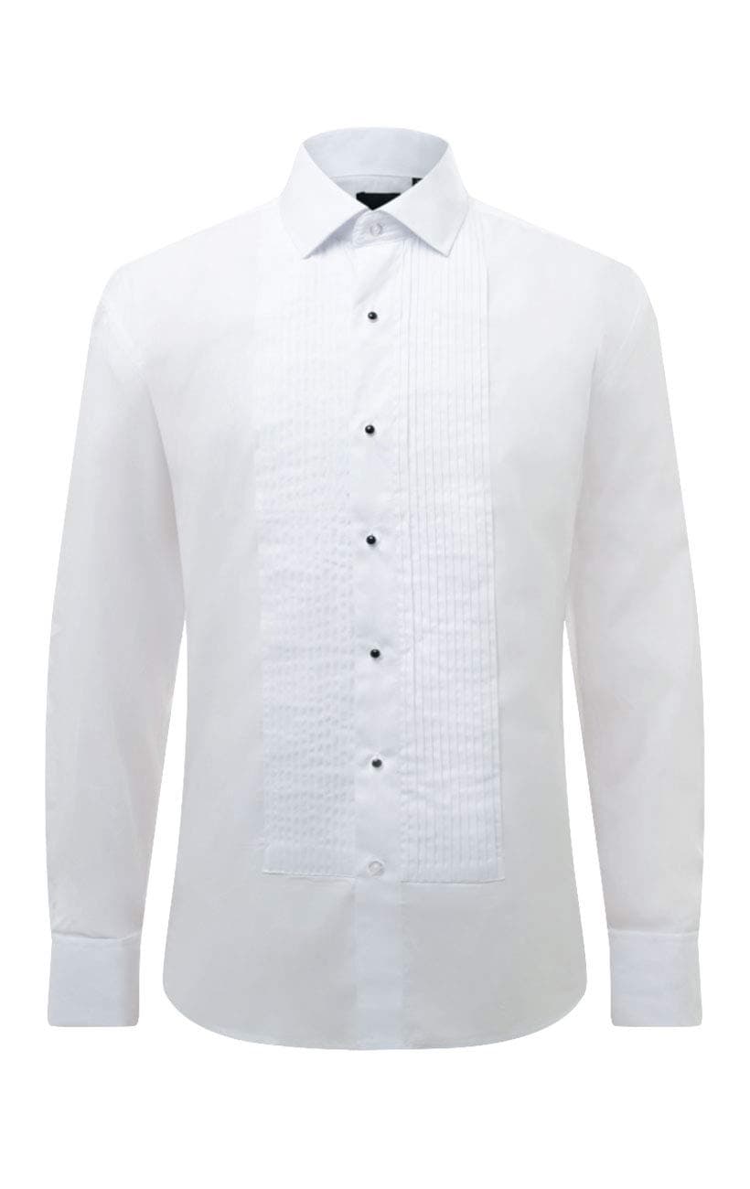 Dobell Mens White Dress Shirt Regular Fit 100% Cotton Standard Collar Pleated Stud Button Front Double Cuff