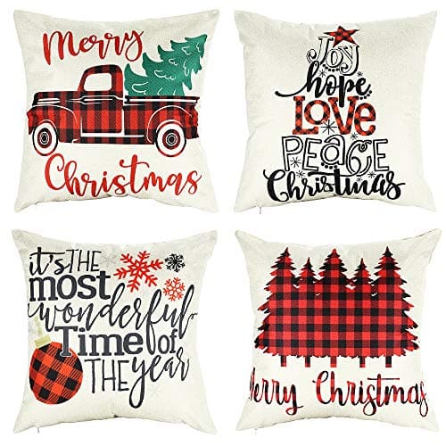 16x16 Christmas Throw Pillow Covers Set of 4, Decorative Farmhouse Buffalo Plaid Plan Merry Christmas Red Truck Snow Flower Outdoor Merry Xmas Cushion Lumbar Pillow Shams Cover Cases for Couch Sofa