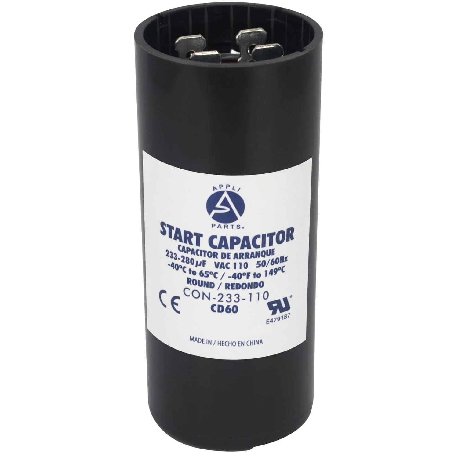 Appli Parts Condensador Capacitor Arranque 233-280 Mfd (microfaradios) uF 110-125 VAC remplazo universal para motores electricos de distintas aplicaciones 3.7cm Diametro 8.6cm Alto CON-233-110