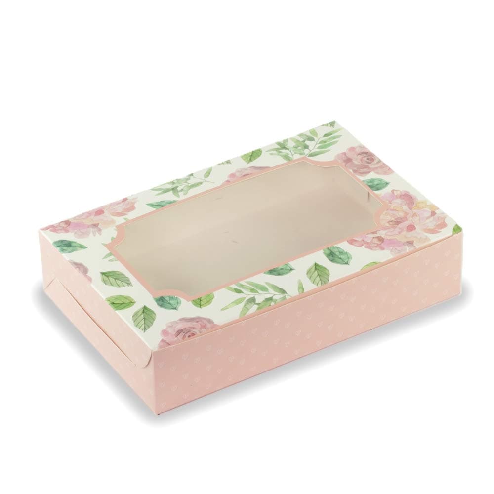 Chic a Choc Floral Brownie Box for 6. Pastel Pink (Pack of 10) (9x6x2 inch). Bark Box.