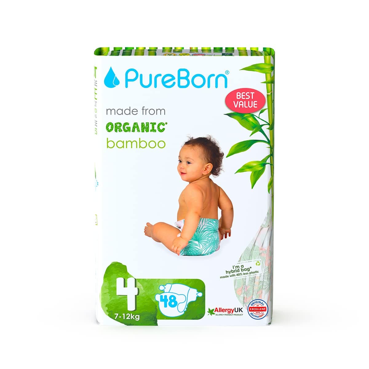 Eco Organic Bamboo Nappies, Size 4 (7-12 kg), 48 Nappies, Hypoallergenic, Ultra Soft, Dermatologically Tested, Wetness Indicator