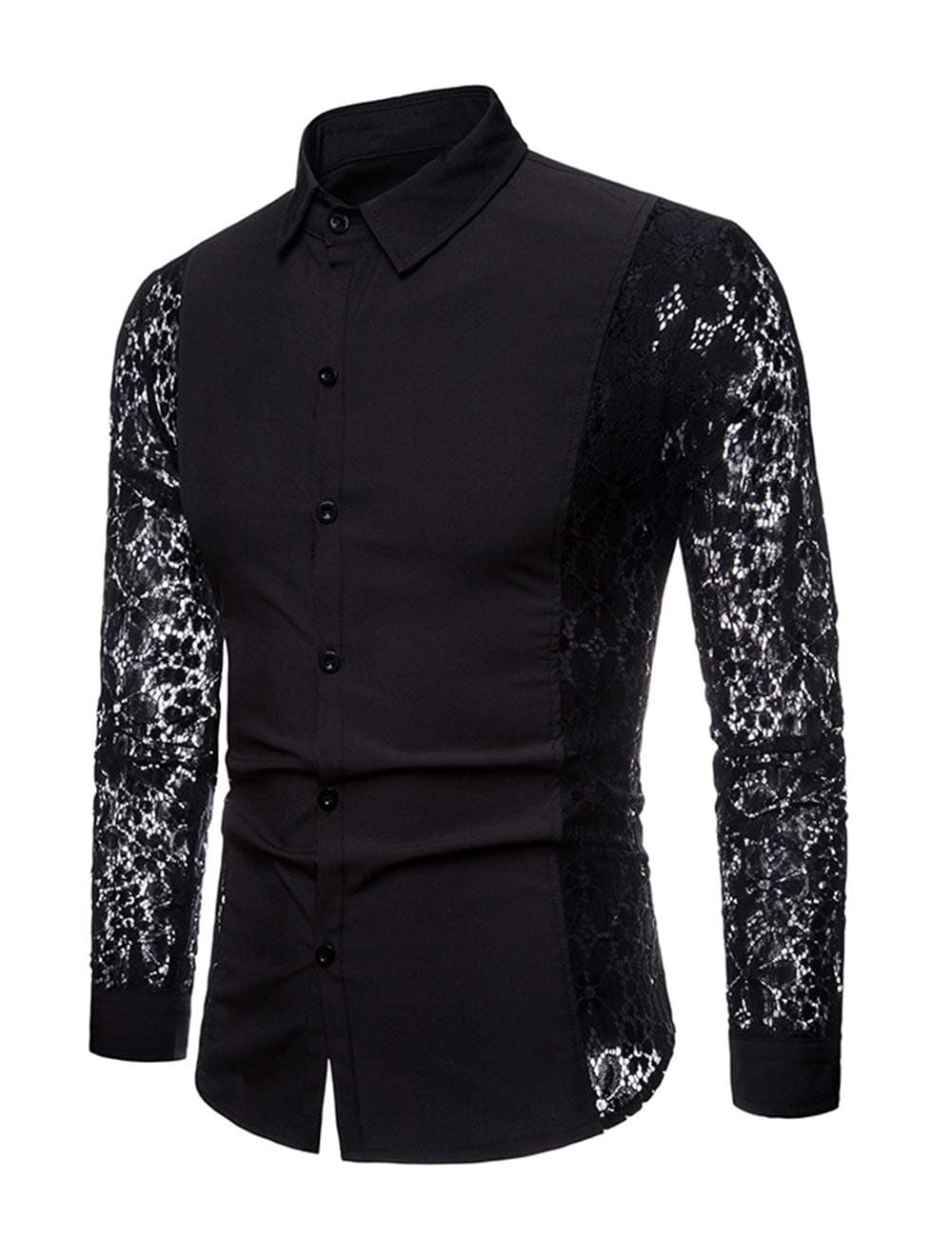 Men's Sexy Lace See Through Shirts Blouse Long Sleeve Button Down Fishnet Sheer Shirts