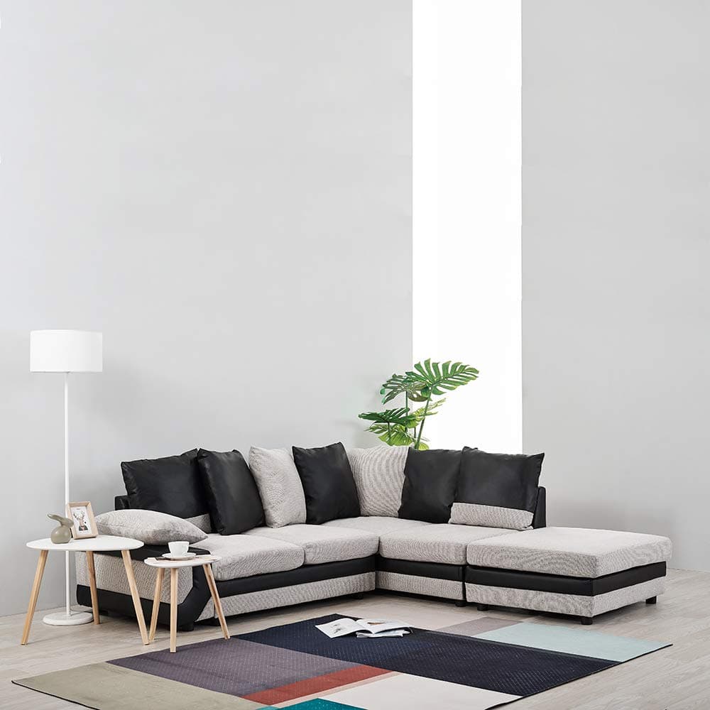 Targos Corner Sofa Suite Settee Couch with Footstool, Left & Right Hand Side, Black/Light Grey