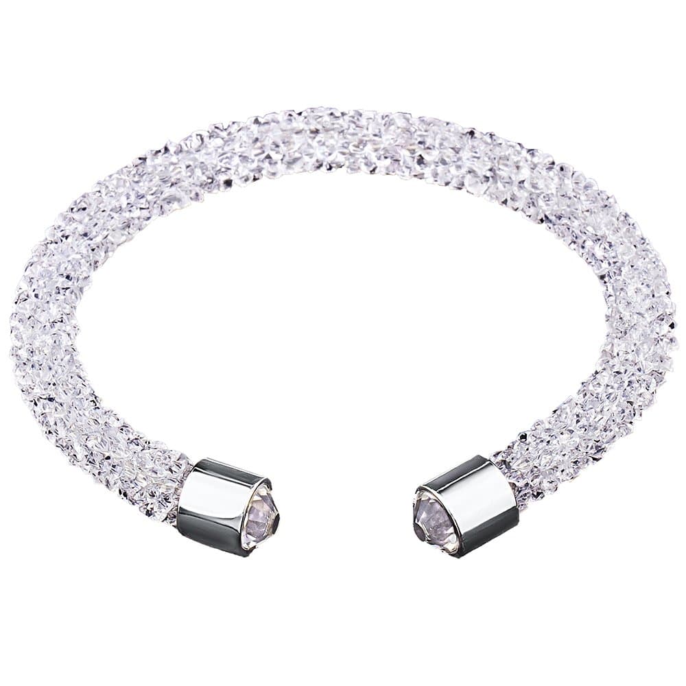 Silver and Post Women’s White Cuff Bracelet Design with Premium Crystals and Crystal dust,, Fancy Burlap Gift Box Included