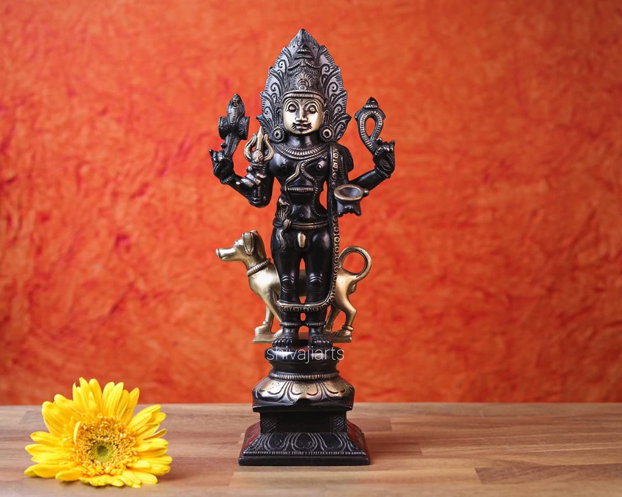 SHIVAJI ARTS Bhairav Statue, 11.5 Inch Brass Figure With Dog, Mahakal Murti, Idol, Sculpture, Hindu God, Lord Shiva, The Death & Fate
