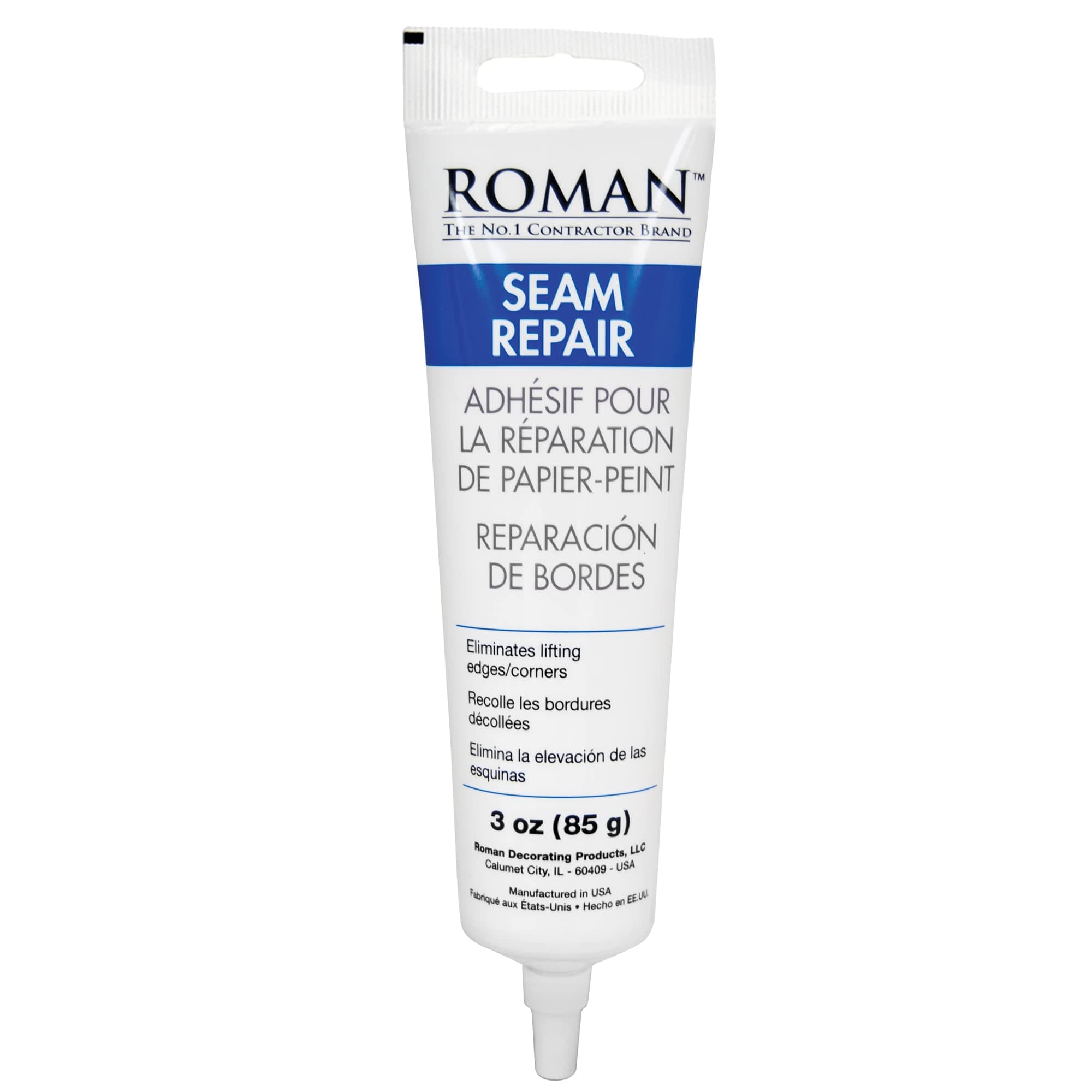 Roman Seam Repair Adhesive - Sealer for Wallpaper Tears and Loose or Overlapping Edges - White, 3 Ounce Tube with Applicator Nozzle