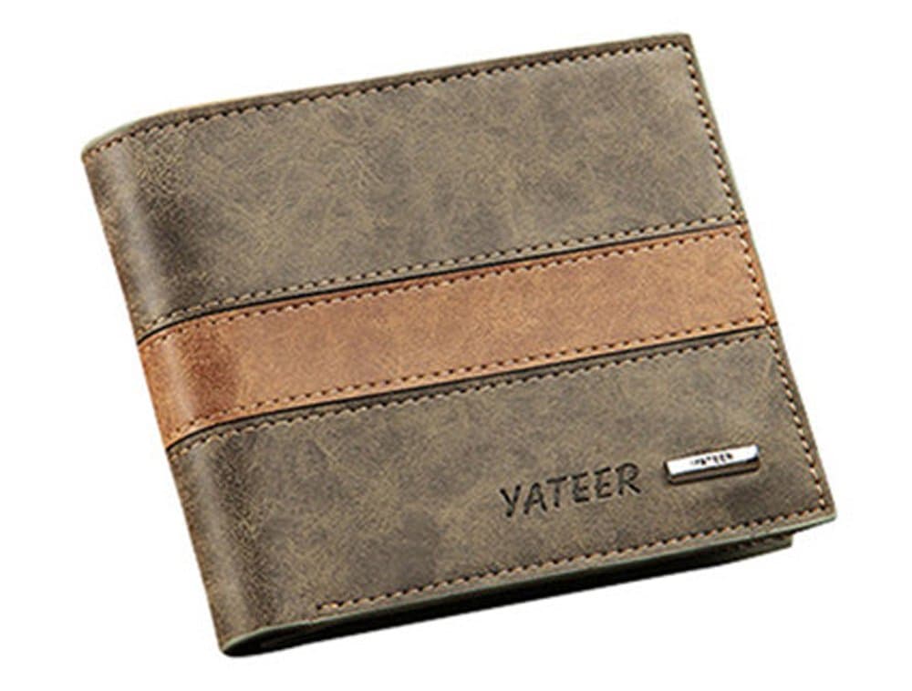 Men's Genuine Leather Trifold Wallet Dark Gray Yatear Middle Stripe