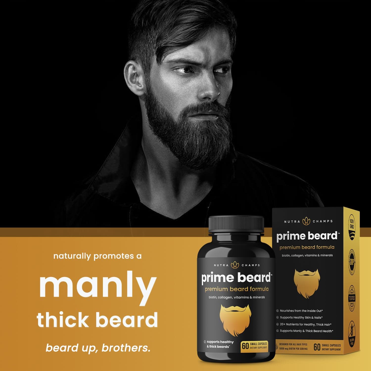 NutraChamps Prime Beard Vitamins | Manly, Thick, Fast & Healthy Facial Hair for Men | Beard Vitamins with Biotin, Collagen & Saw Palmetto | Beard Pills for All Hair & Beard Types